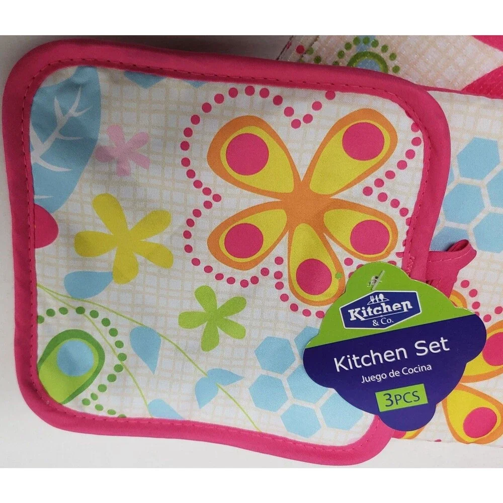 3pc Kitchen Set:1 Pot Holder,1 Oven Mitt,1 Microfiber Towel, Multicolor Flowers,